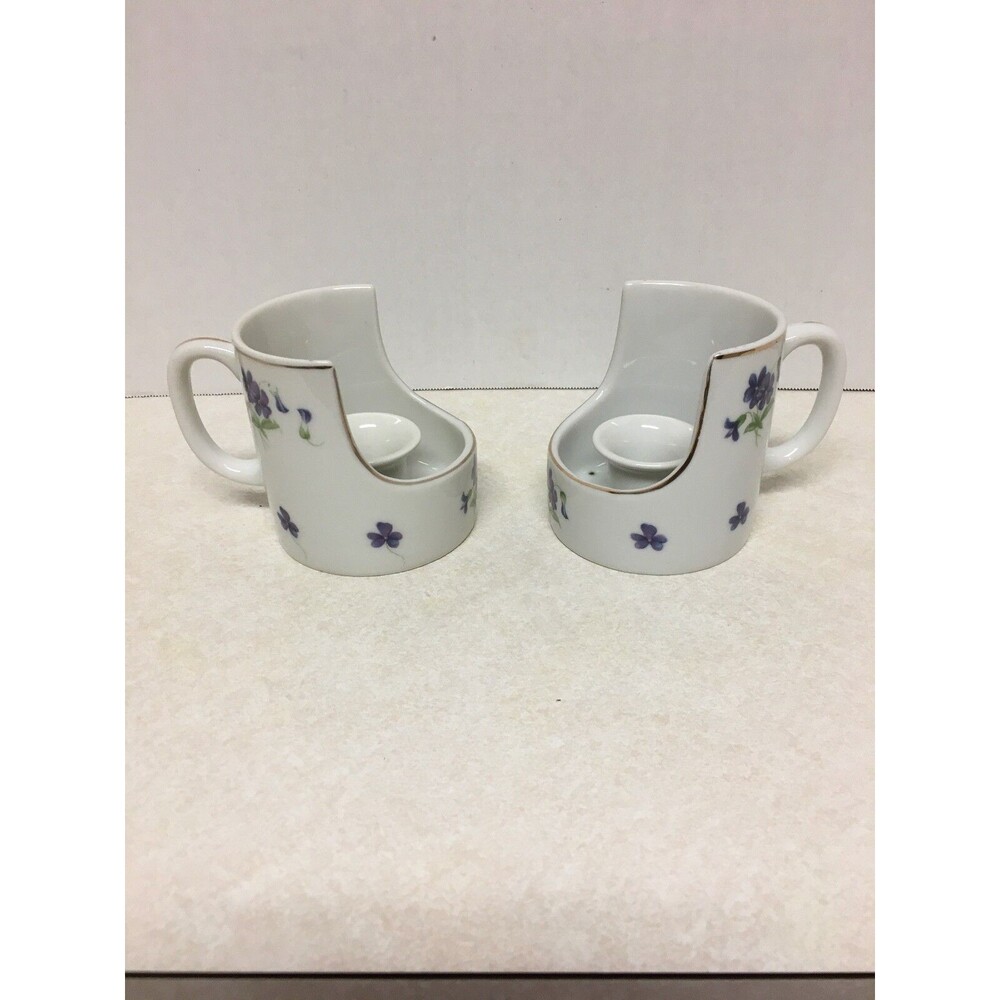 Vintage 2 Candle Holder Coffee Mug Design Purple Flowers Made In JAPAN PWF